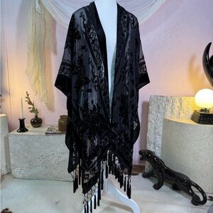 Sheer Black Velvet Burnout Kimono | Fringe Tassel Shawl | One Size